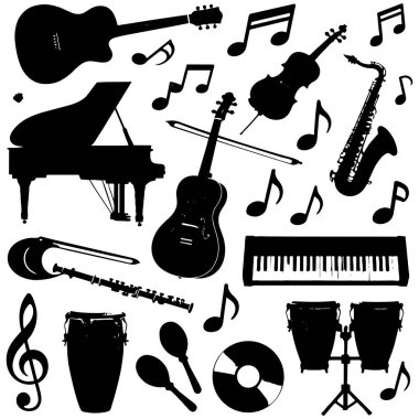 Müzik aletlerinin grafiksel seti siluetler, orkestra ve modern ekipmanlar, çeşitli müzik notaları ve anahtar simgeleri