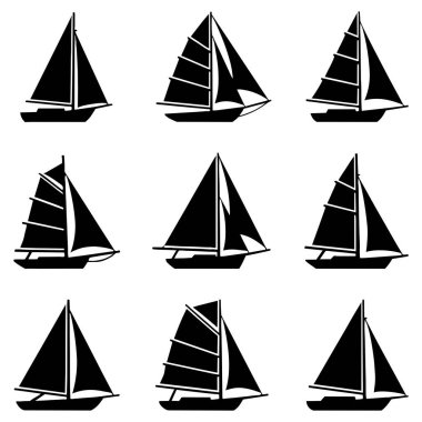 Siyah yelkenli silueti koleksiyonu, çeşitli tasarımların sergilenmesi, deniz maceraları ve su sporları için ideal..