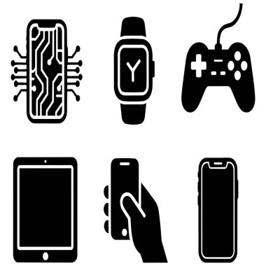 Siyah beyaz elektronik cihaz siluetleri koleksiyonu, modern cihazlar ve akıllı telefon tutan bir el.