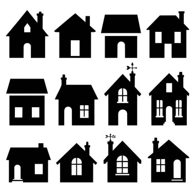 Farklı ev şekilleri ve tasarımlarının siyah siluet ile toplanması, konut binalarını ve ev kavramlarını temsil eder.