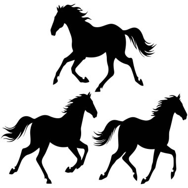 Üç atlı bir grup siluet, bir sıçrayış, iki koşu. Beyaz arkaplanda binicilik yapan hayvan figürleri.