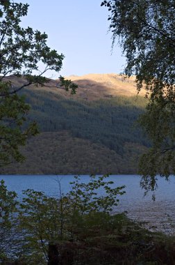 Firkin Point 'ten Ben Lomond ve Loch Lomond' a akşam ışığı, İskoçya 'daki Lomond, Argyle ve Bute Gölü' nün batı yakasındaki A82 yolunda NN 338 007 numaralı harita hakemi..