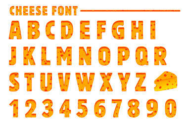 Peynir temalı alfabe ve kalın harflerle yazılmış numaralar. Yemek tasarımı, çocuk projeleri, menüler ve şakacı tipografi sanatı için mükemmel.