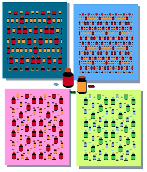 Renkli medikal elementlere sahip kusursuz desenler. Şişe, şişe, tablet, kapsül. Şişeler ve haplar. Tıp ve sağlık. Sonsuz bir geçmiş. Dergi, broşür, broşür tasarımı için.