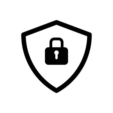 Kilitli asma kilidi olan minimalist bir siyah kalkan ikonu sağlam dijital güvenlik, veri koruması ve mahremiyeti temsil ediyor. Çevrimiçi güvenlik için gerekli.