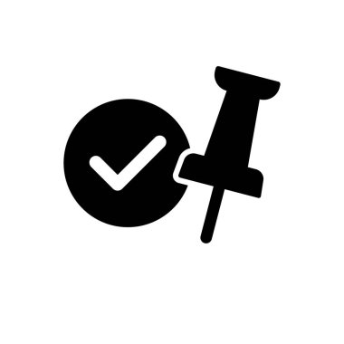 Doğrulanmış konumu, başarılı görev tamamlamayı ya da onaylanmış durumu temsil eden, kontrol işaretinin yanında bir pimi gösteren pürüzsüz, düz tasarım simgesi. Modern dijital kullanım için ideal.