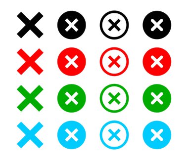 Düz dizaynlı X mark simgelerinden oluşan çok yönlü bir set, siyah, kırmızı, yeşil ve mavi seçenekleri gösteriyor. Modern UI / UX, web ve uygulama tasarımlarındaki hataları, silmeleri veya kapatma eylemlerini göstermek için mükemmel.