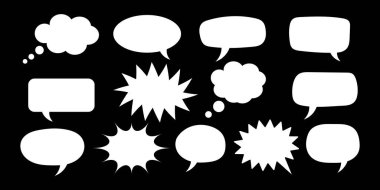 Modern düz tasarımda temiz, çok yönlü beyaz konuşma, düşünce ve komik baloncuklar. Grafik ve dijital projelerde diyalog, fikir ve tepkileri iletmek için mükemmel.