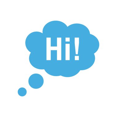 Canlı, mavi bir konuşma balonu. 'Merhaba!' Metin, temiz bir düz dizayn ile sunulmuş. Karşılama, sosyal medya veya modern dijital iletişim grafikleri için ideal.