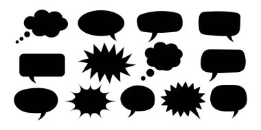 Boş siyah konuşma ve düşünce baloncuklarının modern düz tasarım tarzında çok yönlü bir koleksiyonu. Temiz bir estetik sunan iletişim uygulamaları, komik elementler ve grafik tasarım projeleri için ideal.
