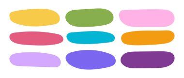 Neşeli bir düz dizayn vektöründe, beyaz arkaplanda dokuz düzensiz, renkli soyut oval şekil bulunur. Modern grafik tasarımı, web ögeleri ve oyuncu markalaşma projeleri için ideal.