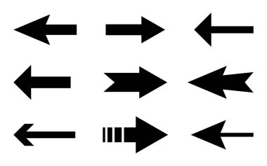 Çeşitli stil ve yönlerde siyah ok simgeleri koleksiyonu, tasarım elementleri ve navigasyon için mükemmel. Düz tasarım grafiği.