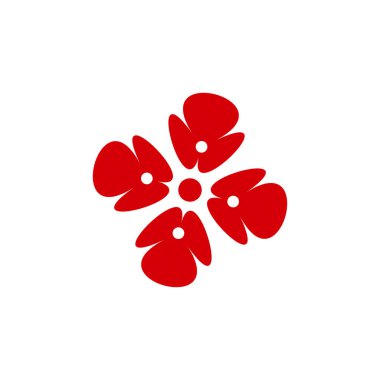 Dört taç yaprağı ve merkezi bir noktalı minimalist kırmızı çiçek tasarımı. Logolar, damgalama veya dekoratif elementler için mükemmel bir vektör çizimi.