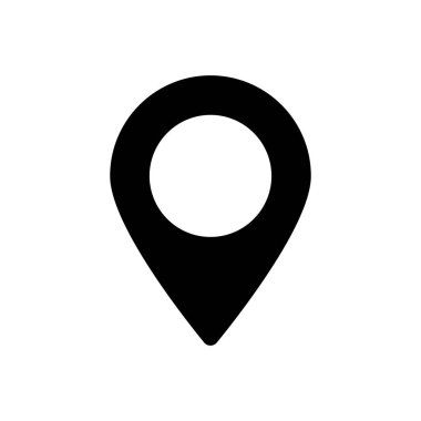 Temiz bir düz dizaynda basit, koyu siyah bir iğne konumu simgesi. Navigasyon uygulamaları, web siteleri ve grafik tasarım projeleri için mükemmel.