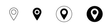 Düz dizayn tarzında dört minimalist vektör konum simgesi seti, web ve uygulama arayüzleri için mükemmel. Ölçeklenebilir ve çok yönlü.