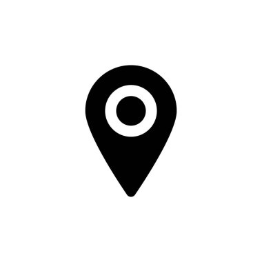 Haritalar, navigasyon ve web tasarımı için mükemmel eşmerkezli, koyu siyah bir lokasyon simgesi. Düz grafik sanatı.