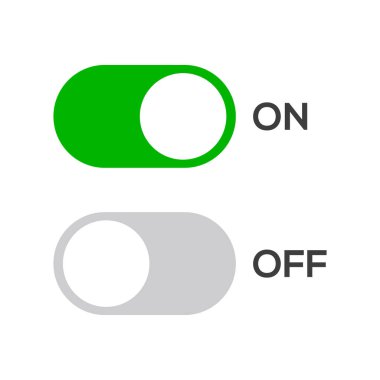 İki anahtar simgesi seti, bir yeşil 'açık' ve bir gri 'kapalı', UI tasarım ve web arayüzleri için mükemmel. Temiz düz tasarım vektör çizimi.