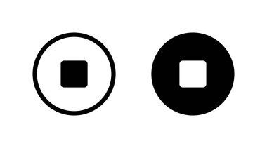 İki dur düğmesinin temiz vektör çizimi, biri siyah ve diğeri beyaz, daireler şeklinde çevrili. Modern düz tasarımlı medya oyuncuları ve arayüzler için mükemmel.