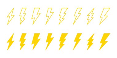 Çeşitli dış hatlarda parlak sarı yıldırım simgelerinin ve temiz beyaz arkaplanda katı stillerin bir derlemesi, enerji veya güç kavramları için mükemmel..