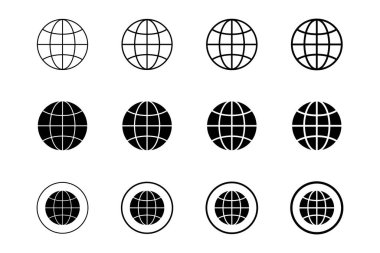 Çeşitli stillerde, dijital arayüzler ve küresel kavramlar için mükemmel on iki minimalist dünya simgesinden oluşan bir koleksiyon. Düz tasarım vektör sanatı.