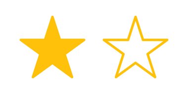 İki tane altın yıldız ikonu, biri sağlam, biri özet, beyaz arka planda, reytingler ve düz tasarım için mükemmel grafikler..