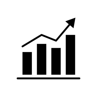 Gösterişli bir siyah vektör çizelgesi, düz tasarım tarzında finansal büyüme ve başarıyı sembolize eden, yükselen bir ok ile bir bar tablosunu tasvir eder..
