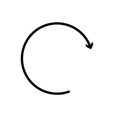 Düz tasarım grafiklerinde yenilenme, döndürme veya döngü eylemlerini temsil etmek için mükemmel, beyaz zemin üzerinde basit, temiz bir siyah dairesel ok simgesi.