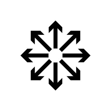 Merkezi bir noktadan yayılan, genişlemeyi ve birden fazla seçeneği sembolize eden sekiz siyah okun yer aldığı bir grafik çizimi. Çok yönlü kullanım için temiz düz tasarım.