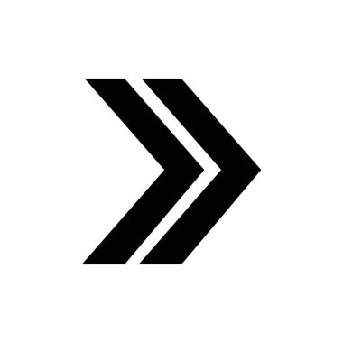 Düz tasarım projelerinde yön, ilerleme ya da sonraki adımları gösteren koyu siyah renkli, modern bir çift sembollü ok simgesi..