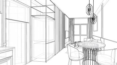 3D kablo çizimi, apartmandaki küçük oda perspektifi