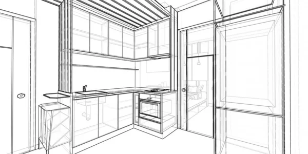 Outline Wireframe Sketch Perspective Small Pantry Residential Unit — Stock Photo, Image