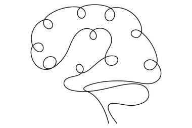 Beyaz arkaplan üzerine vektör illüstrasyon biçiminde beynin sürekli çizgi çizimi