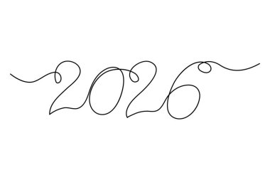 Beyaz arkaplanda el yazısı ile çizilmiş 2026 sürekli bir çizgi vektörü çizimi