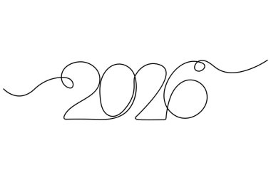Beyaz arkaplanda el yazısı ile çizilmiş 2026 sürekli bir çizgi vektörü çizimi