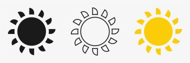 Güneş ikonu seti, parlayan ışınlar, günbatımı tasarımları, üç güneş ikonu sergilenir. 