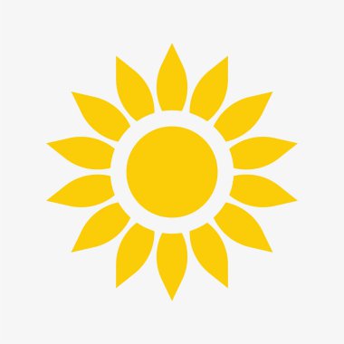 Sarı güneş ikonu, parlak ışınlar, günbatımı tasarımları, 16 yaprak şeklinde ışınlar ile çevrili merkezi bir daireye sahip sarı ayçiçeği..