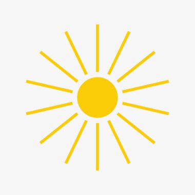 Sarı güneş ikonu, parlayan ışınlar, gün batımı tasarımları, merkezi daire ve dışa doğru uzanan 15 adet düz ışık..