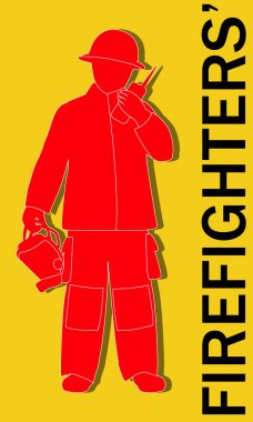 Uluslararası İtfaiyeciler Günü için afiş ya da şablon, Siluet, sarı arka planda dizilmiş kırmızı bir itfaiyeciyi resmediyor.. 