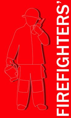 Uluslararası İtfaiyeciler Günü için poster ya da şablon koruyucu giysiler içindeki bir itfaiyecinin silüeti elinde bir radyo ve miğfer tutarken. 