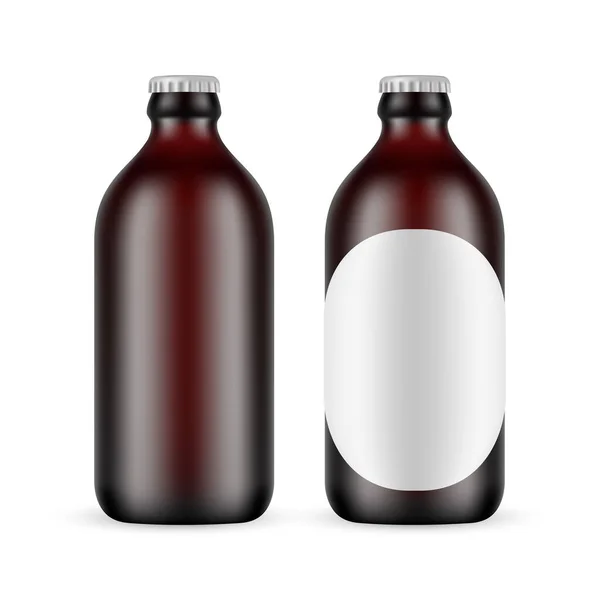 Botella Cerveza Pequeña Vidrio Ámbar Oscuro Con Etiqueta Burla Blanco — Vector de stock