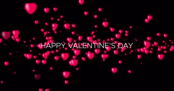 Vliegende Rode Gloeiende Harten Met Verschijnen Tekst Gelukkige Valentijnsdag Zwart — Stockvideo