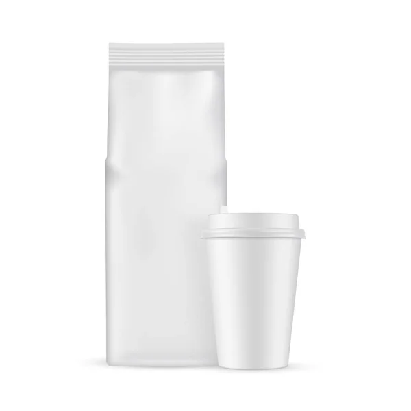Coffee Bag Paper Cup Mockup Isolated White Background Front View — 图库矢量图片