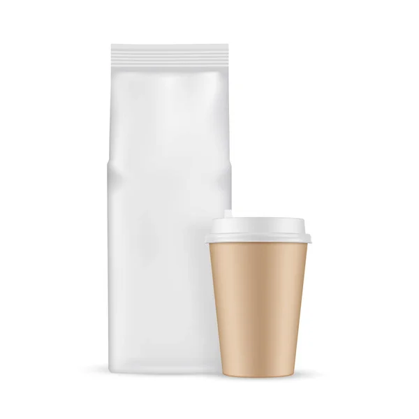 Kaffeetasche Mit Pappbecher Attrappe Isoliert Auf Weißem Hintergrund Vektorillustration — Stockvektor