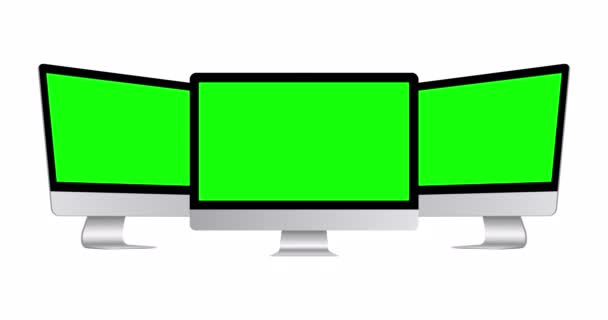Geanimeerde Desktop Mockups Met Groene Schermen Geïsoleerd Witte Achtergrond Voor — Stockvideo