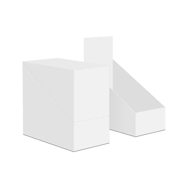 Mockup Caja Exhibición Desgarro Mostrador Cartón Aislado Sobre Fondo Blanco — Archivo Imágenes Vectoriales