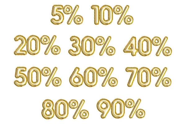 一套黄金可充值贴现数字与百分比 Foil气球字体的3D说明 — 图库照片