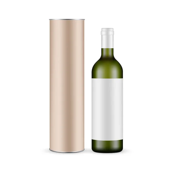 Botella Vino Vidrio Verde Con Etiqueta Tubo Cartón Mockup Aislado — Vector de stock