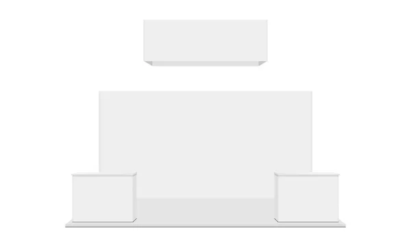 Выставочный Стенд Висячим Баннером Демонстрационными Таблицами Изолированный Белом Фоне Вид — стоковый вектор