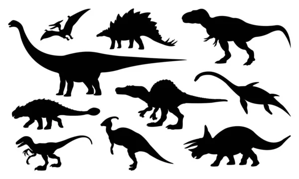 Samling Dinosaurier Silhuetter Isolerad Vit Bakgrund Vektor Illustration — Stock vektor