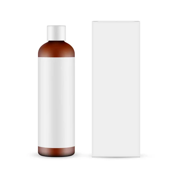 Mockup Alto Garrafa Cosmética Âmbar Com Etiqueta Caixa Papel Vista — Vetor de Stock